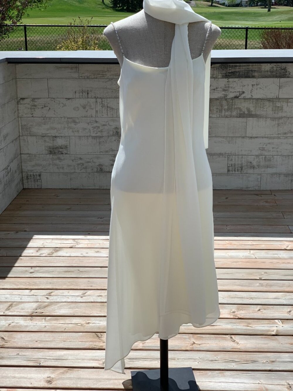 Vintage 90s Jessica McClintock Bridal Midi Slip Dress Ivory Shawl Asymmetric Hem